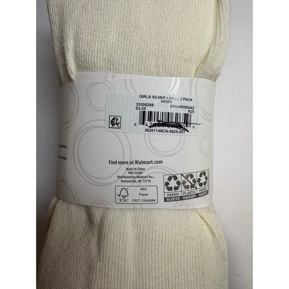 Wonder Nation Girls 2 Pack Heavyweight Footed Tights Ivory Silver  Size M 7-10